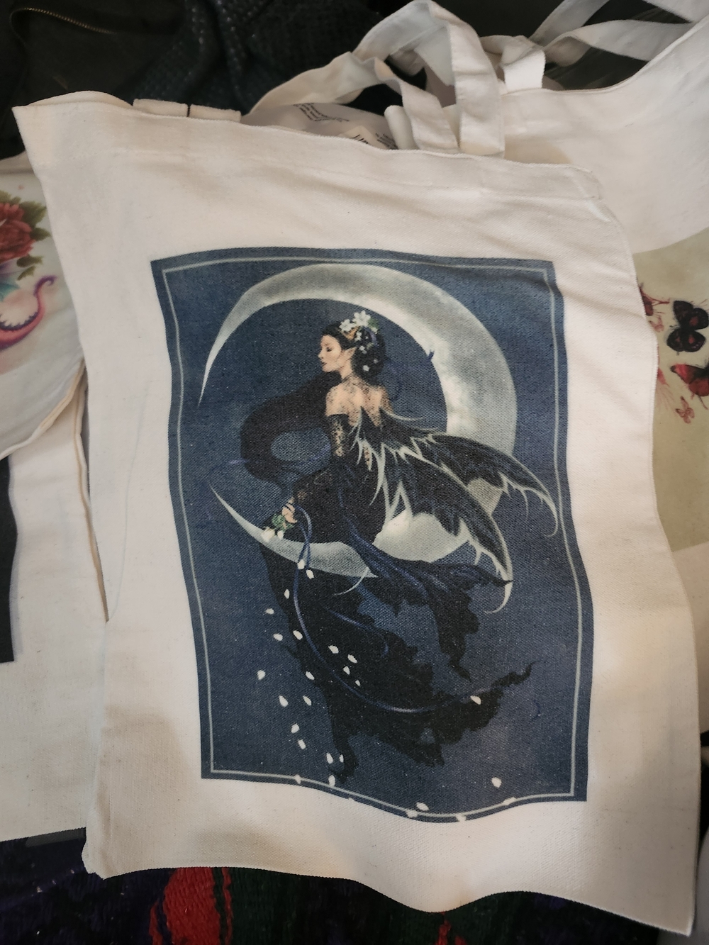 White Tote Bag with Blue Moon Fairy Illustration